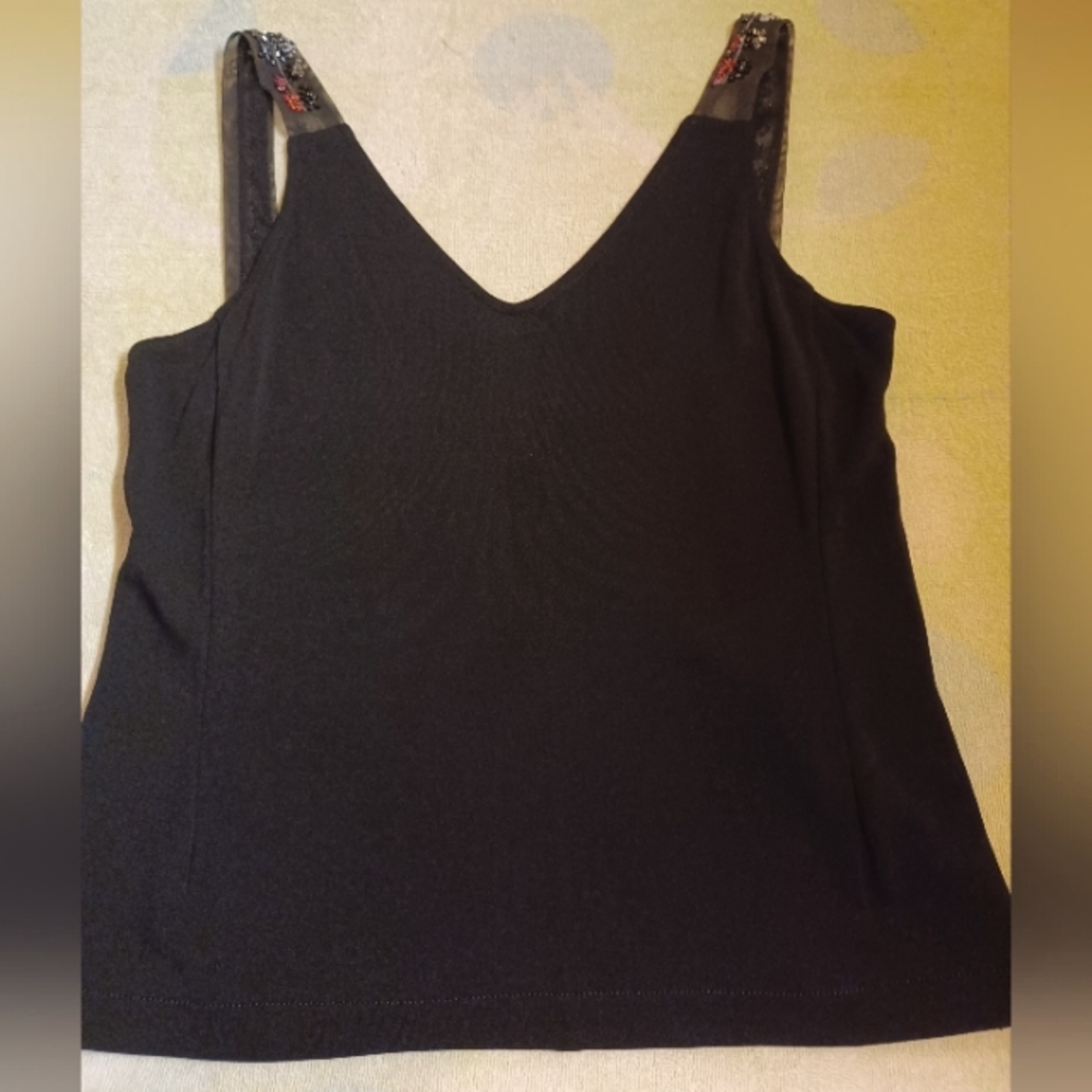 BCBG Maxazria Black Knit Top With Beaded And Mesh Sides-Large